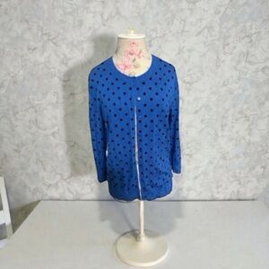 Ellen Tracy Blue Knit Top with Black Dots
